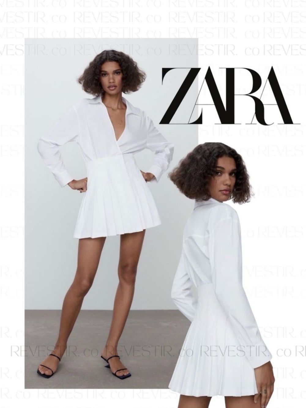 Zara White Pleated Jumpsuit Shirt Dress with V-Neck